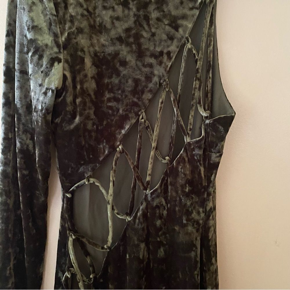 Camila Coelho Revolve Gabriel Maxi Olive Green crushed velvet lace up dress S - Picture 12 of 16